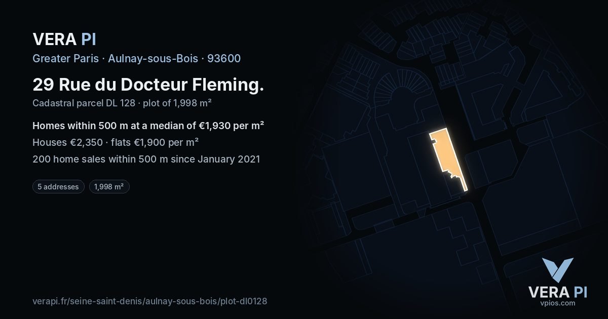 29 Rue du Docteur Fleming, Aulnay-sous-Bois at night – the plot lit, the parcels around coloured by the prices near them