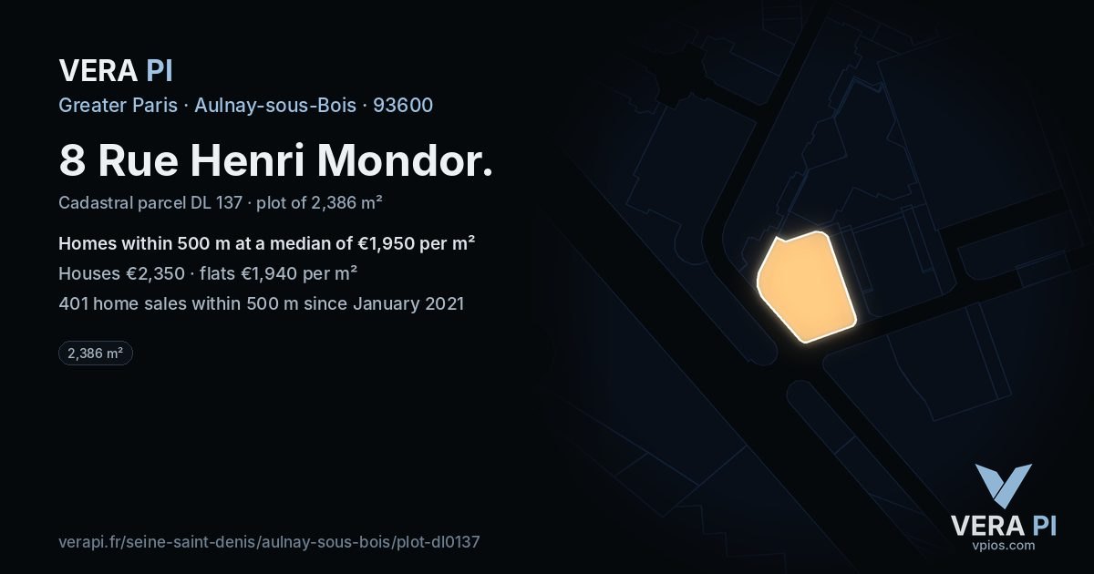 8 Rue Henri Mondor, Aulnay-sous-Bois at night – the plot lit, the parcels around coloured by the prices near them