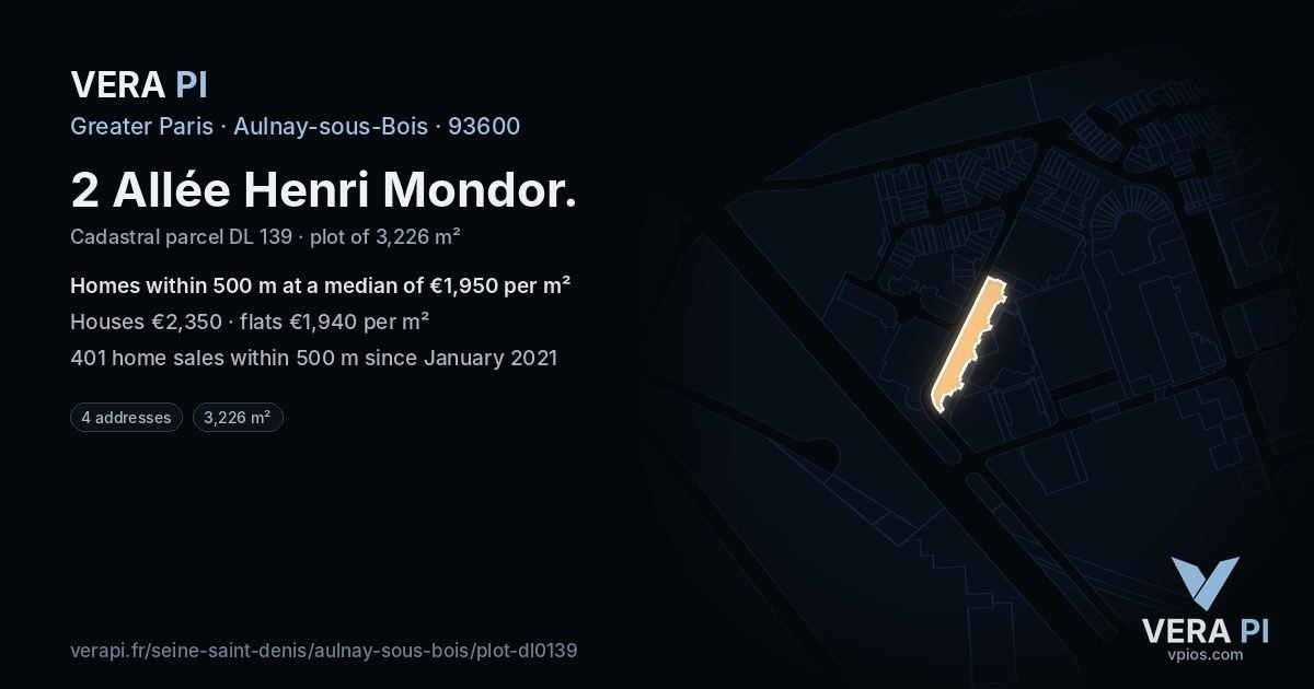2 Allée Henri Mondor, Aulnay-sous-Bois at night – the plot lit, the parcels around coloured by the prices near them