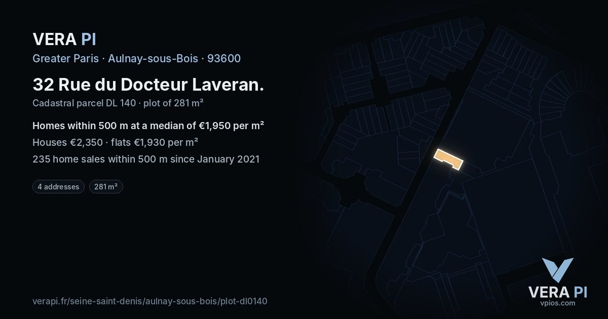 32 Rue du Docteur Laveran, Aulnay-sous-Bois at night – the plot lit, the parcels around coloured by the prices near them