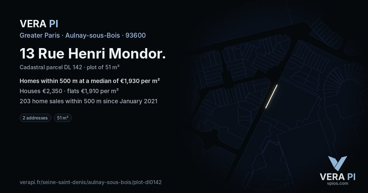 13 Rue Henri Mondor, Aulnay-sous-Bois at night – the plot lit, the parcels around coloured by the prices near them