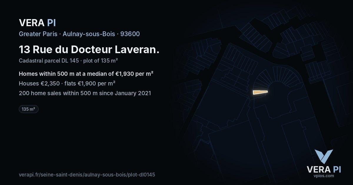 13 Rue du Docteur Laveran, Aulnay-sous-Bois at night – the plot lit, the parcels around coloured by the prices near them
