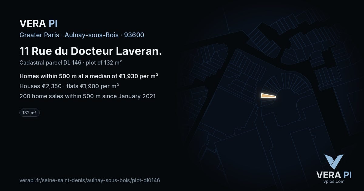 11 Rue du Docteur Laveran, Aulnay-sous-Bois at night – the plot lit, the parcels around coloured by the prices near them