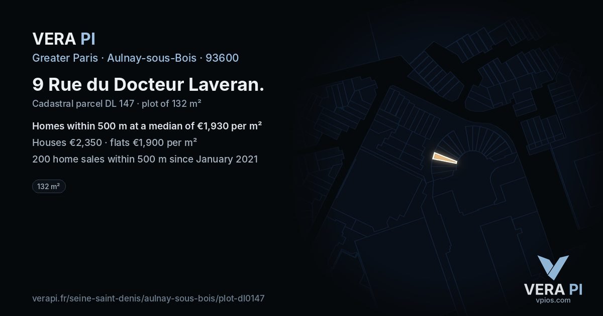 9 Rue du Docteur Laveran, Aulnay-sous-Bois at night – the plot lit, the parcels around coloured by the prices near them