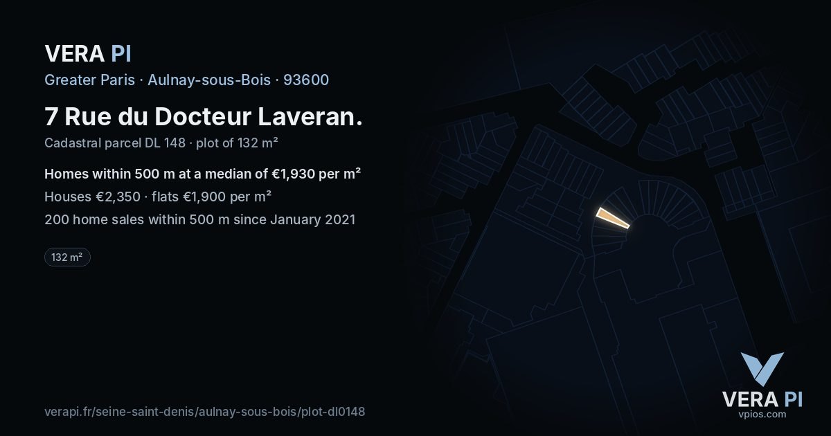 7 Rue du Docteur Laveran, Aulnay-sous-Bois at night – the plot lit, the parcels around coloured by the prices near them