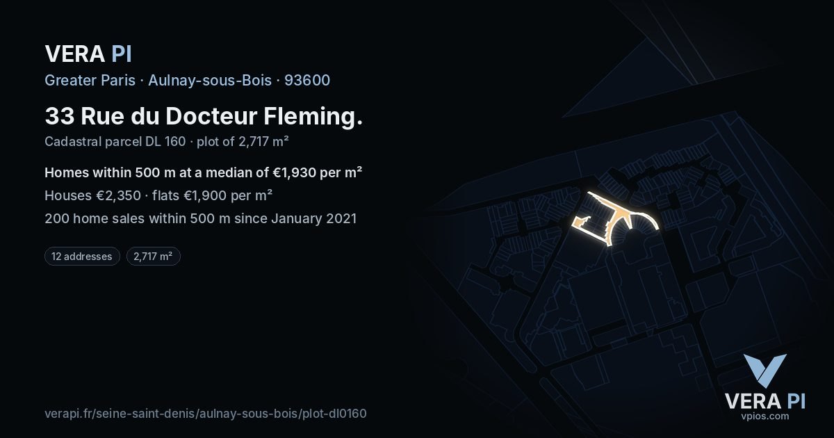 33 Rue du Docteur Fleming, Aulnay-sous-Bois at night – the plot lit, the parcels around coloured by the prices near them