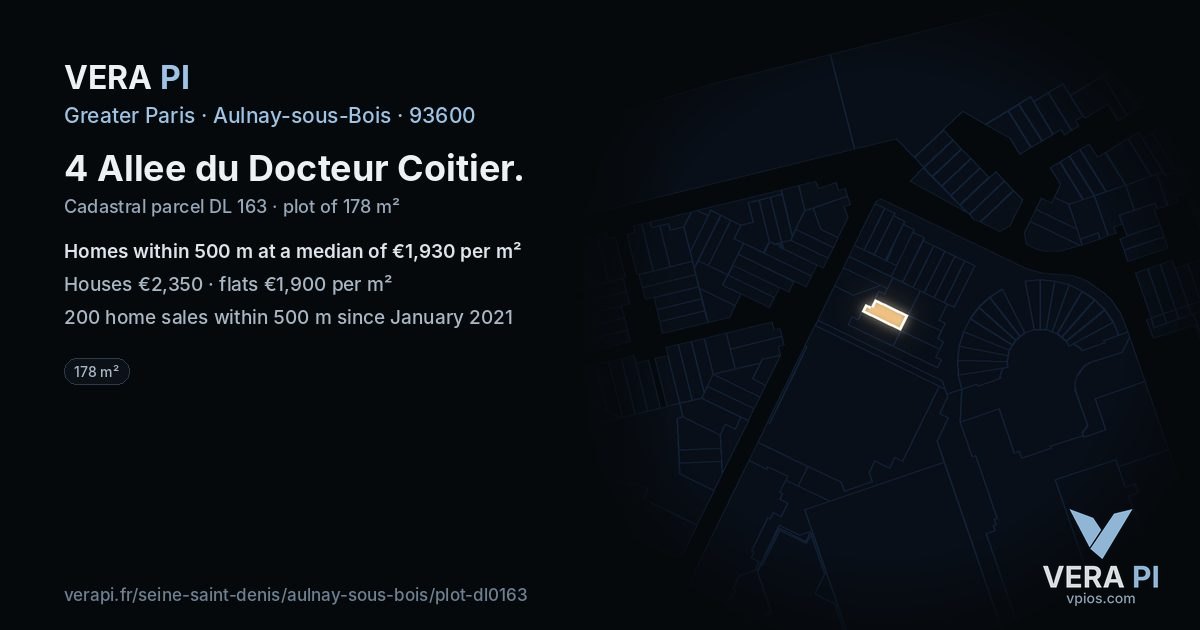 4 Allee du Docteur Coitier, Aulnay-sous-Bois at night – the plot lit, the parcels around coloured by the prices near them