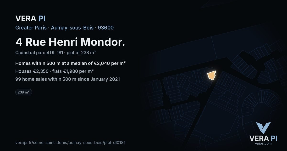 4 Rue Henri Mondor, Aulnay-sous-Bois at night – the plot lit, the parcels around coloured by the prices near them