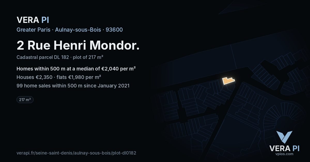 2 Rue Henri Mondor, Aulnay-sous-Bois at night – the plot lit, the parcels around coloured by the prices near them