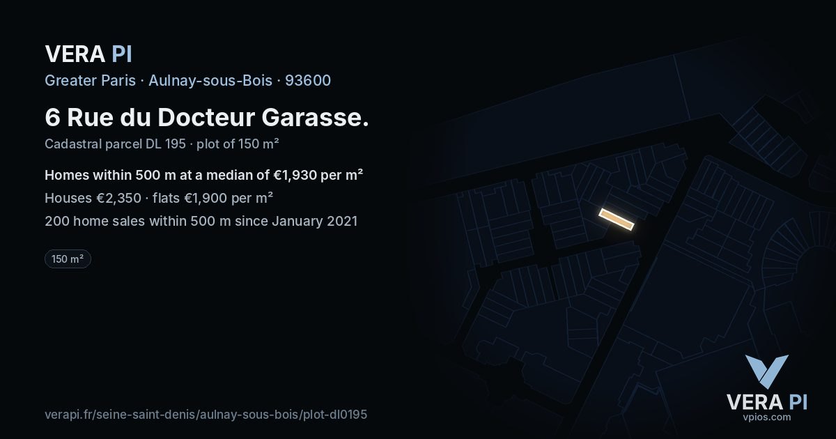 6 Rue du Docteur Garasse, Aulnay-sous-Bois at night – the plot lit, the parcels around coloured by the prices near them