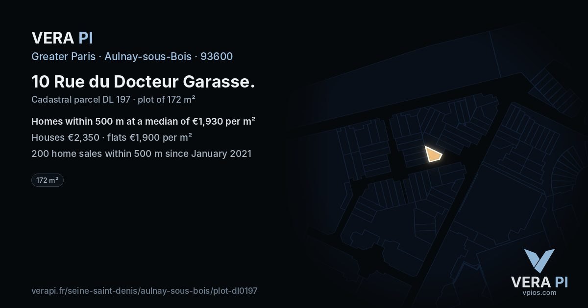 10 Rue du Docteur Garasse, Aulnay-sous-Bois at night – the plot lit, the parcels around coloured by the prices near them