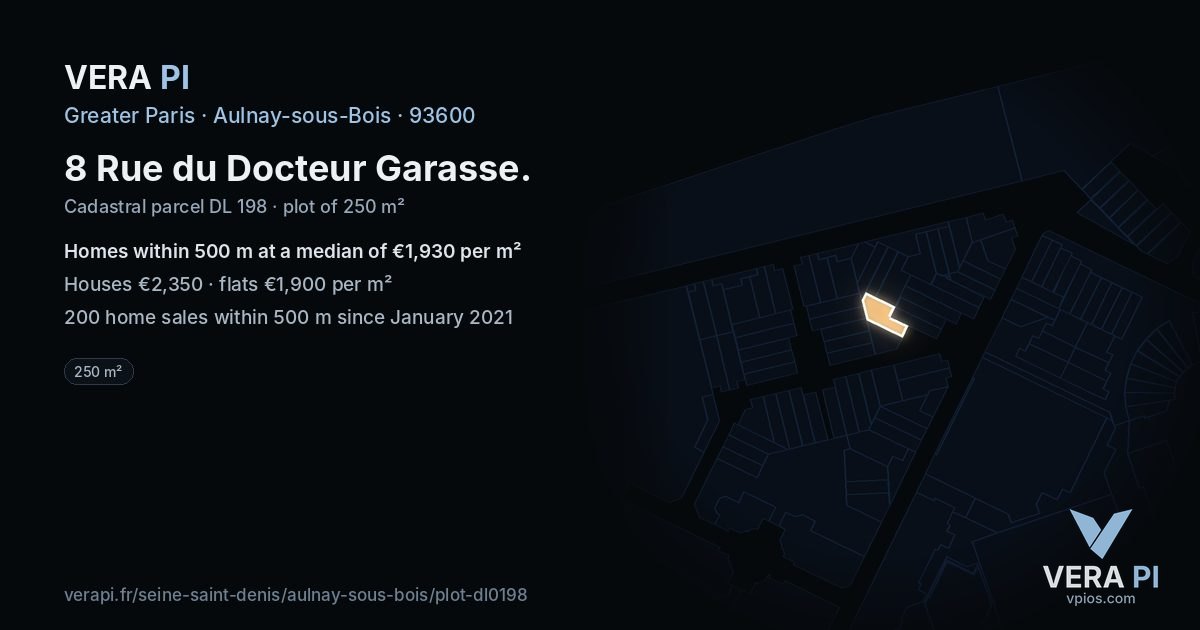 8 Rue du Docteur Garasse, Aulnay-sous-Bois at night – the plot lit, the parcels around coloured by the prices near them