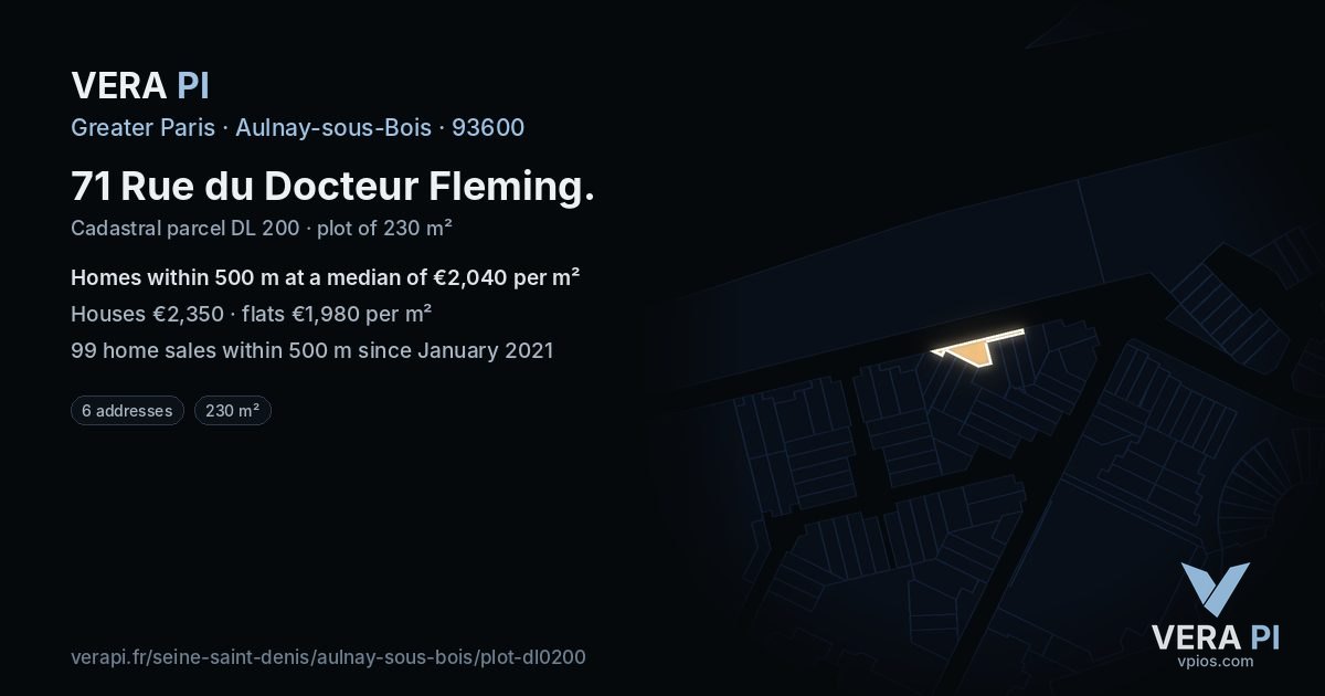 71 Rue du Docteur Fleming, Aulnay-sous-Bois at night – the plot lit, the parcels around coloured by the prices near them