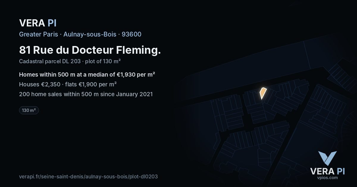 81 Rue du Docteur Fleming, Aulnay-sous-Bois at night – the plot lit, the parcels around coloured by the prices near them