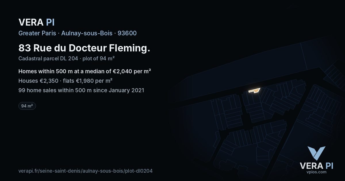 83 Rue du Docteur Fleming, Aulnay-sous-Bois at night – the plot lit, the parcels around coloured by the prices near them