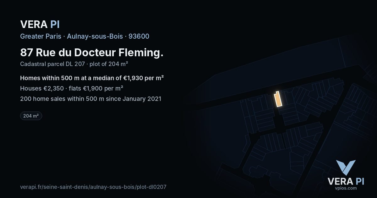 87 Rue du Docteur Fleming, Aulnay-sous-Bois at night – the plot lit, the parcels around coloured by the prices near them