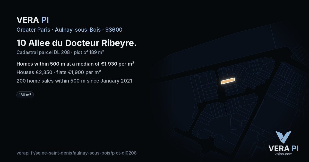 10 Allee du Docteur Ribeyre, Aulnay-sous-Bois at night – the plot lit, the parcels around coloured by the prices near them