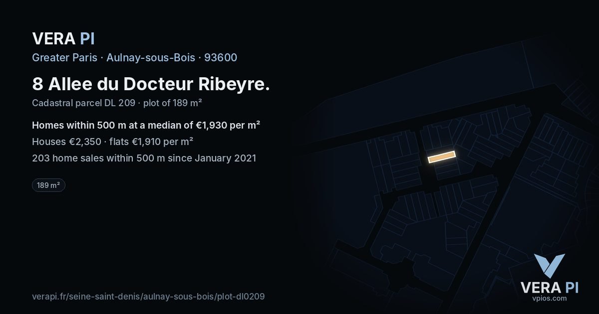 8 Allee du Docteur Ribeyre, Aulnay-sous-Bois at night – the plot lit, the parcels around coloured by the prices near them