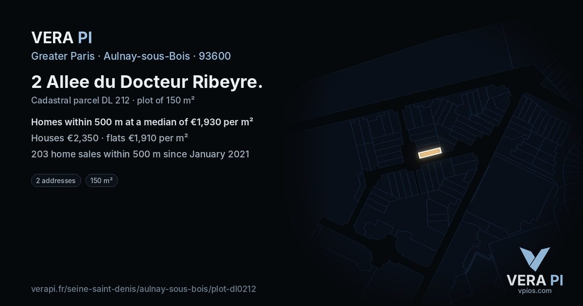 2 Allee du Docteur Ribeyre, Aulnay-sous-Bois at night – the plot lit, the parcels around coloured by the prices near them