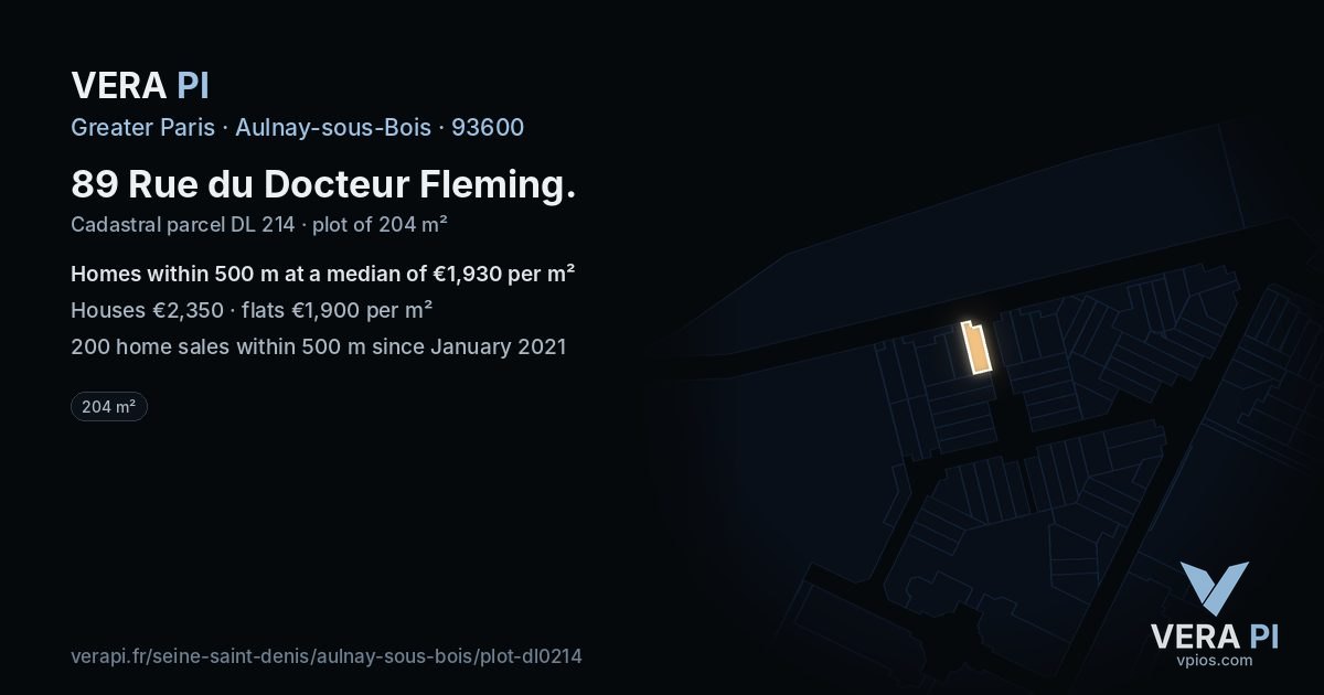 89 Rue du Docteur Fleming, Aulnay-sous-Bois at night – the plot lit, the parcels around coloured by the prices near them
