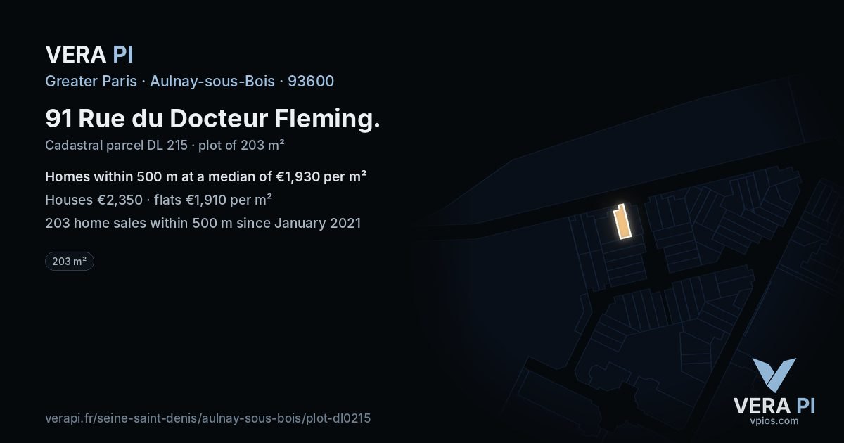 91 Rue du Docteur Fleming, Aulnay-sous-Bois at night – the plot lit, the parcels around coloured by the prices near them