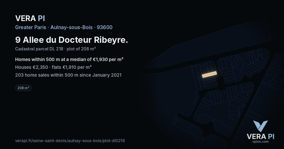 9 Allee du Docteur Ribeyre, Aulnay-sous-Bois at night – the plot lit, the parcels around coloured by the prices near them