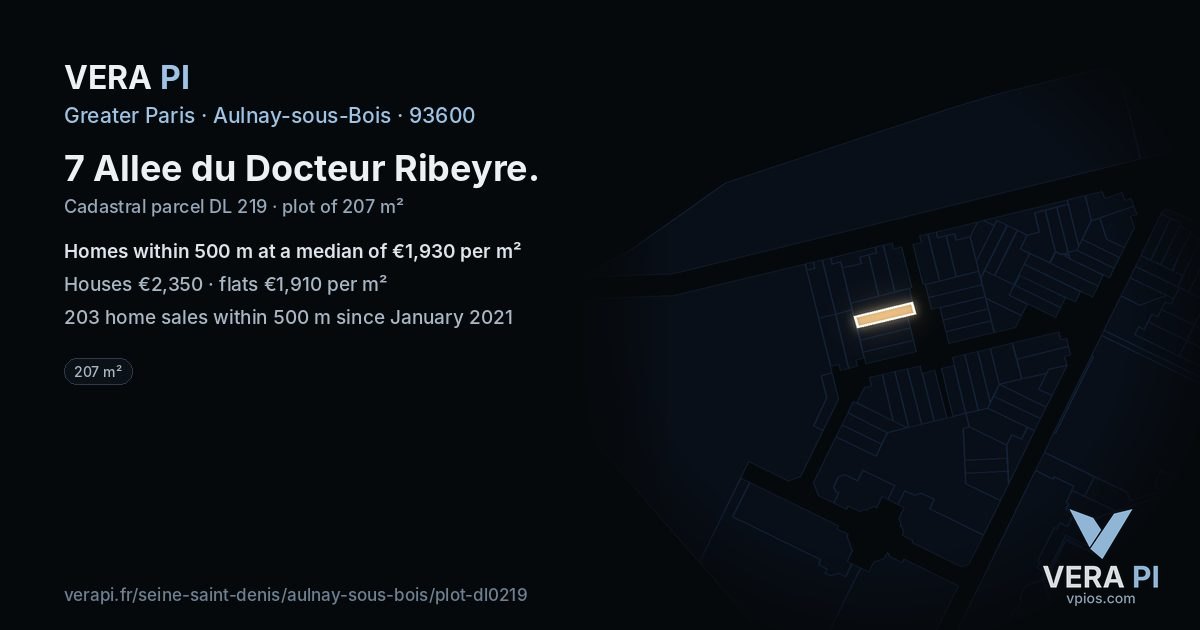 7 Allee du Docteur Ribeyre, Aulnay-sous-Bois at night – the plot lit, the parcels around coloured by the prices near them