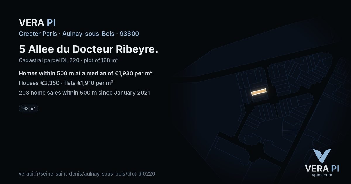 5 Allee du Docteur Ribeyre, Aulnay-sous-Bois at night – the plot lit, the parcels around coloured by the prices near them