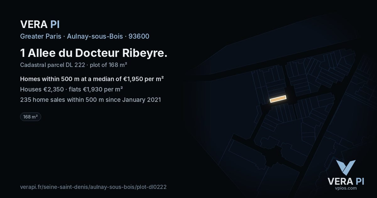 1 Allee du Docteur Ribeyre, Aulnay-sous-Bois at night – the plot lit, the parcels around coloured by the prices near them