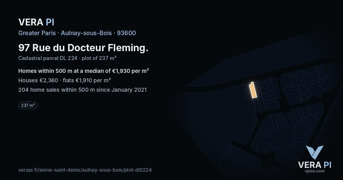 97 Rue du Docteur Fleming, Aulnay-sous-Bois at night – the plot lit, the parcels around coloured by the prices near them