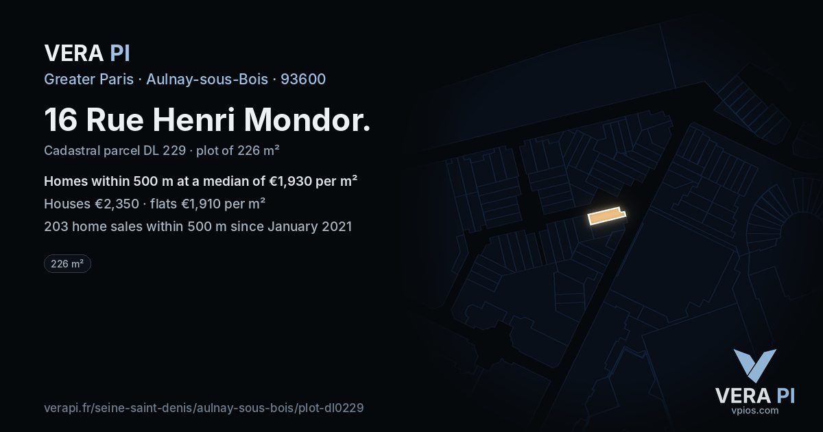 16 Rue Henri Mondor, Aulnay-sous-Bois at night – the plot lit, the parcels around coloured by the prices near them