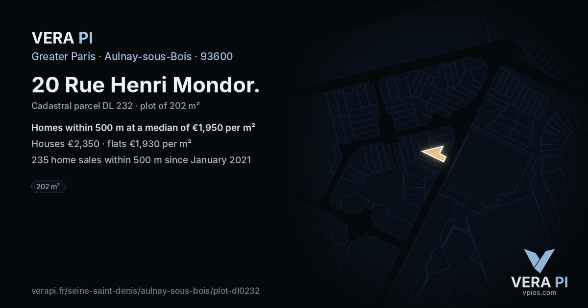 20 Rue Henri Mondor, Aulnay-sous-Bois at night – the plot lit, the parcels around coloured by the prices near them