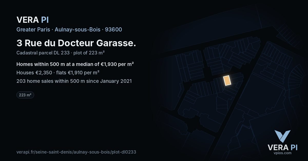 3 Rue du Docteur Garasse, Aulnay-sous-Bois at night – the plot lit, the parcels around coloured by the prices near them
