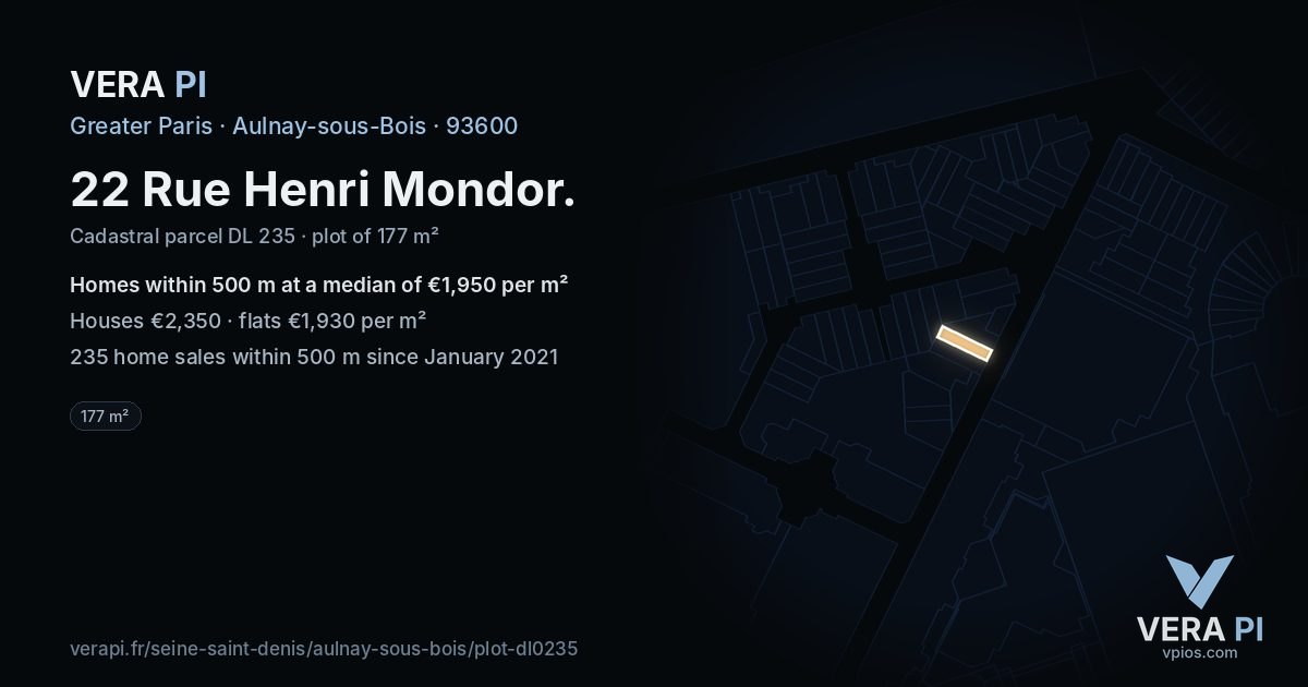 22 Rue Henri Mondor, Aulnay-sous-Bois at night – the plot lit, the parcels around coloured by the prices near them