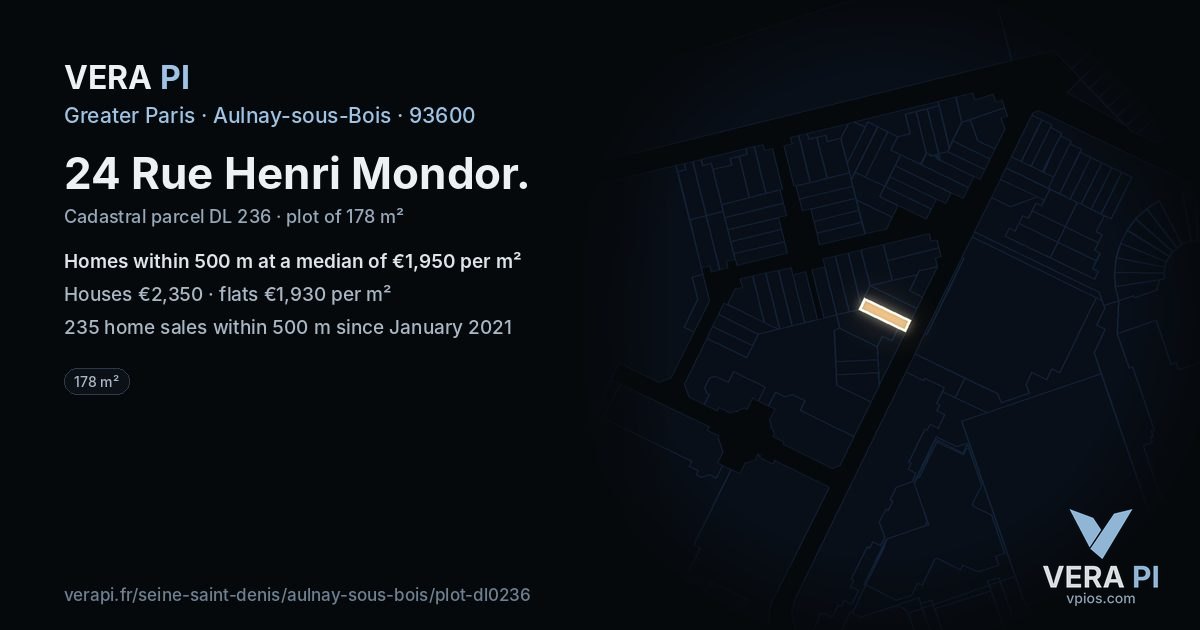 24 Rue Henri Mondor, Aulnay-sous-Bois at night – the plot lit, the parcels around coloured by the prices near them