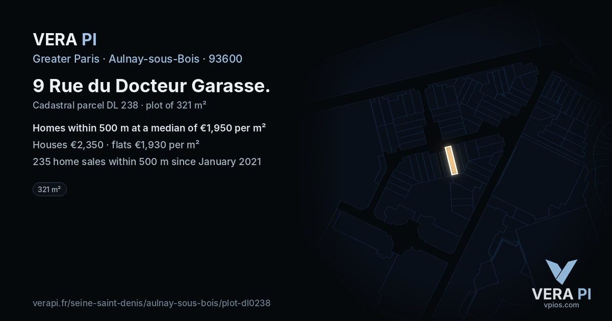 9 Rue du Docteur Garasse, Aulnay-sous-Bois at night – the plot lit, the parcels around coloured by the prices near them
