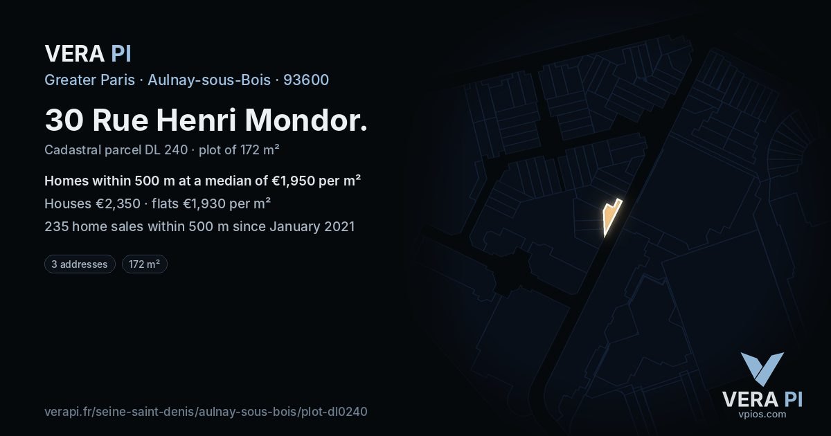 30 Rue Henri Mondor, Aulnay-sous-Bois at night – the plot lit, the parcels around coloured by the prices near them