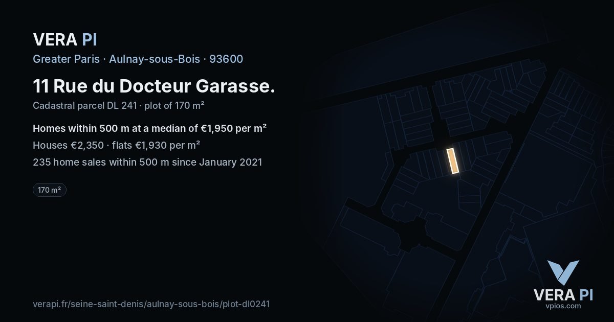 11 Rue du Docteur Garasse, Aulnay-sous-Bois at night – the plot lit, the parcels around coloured by the prices near them