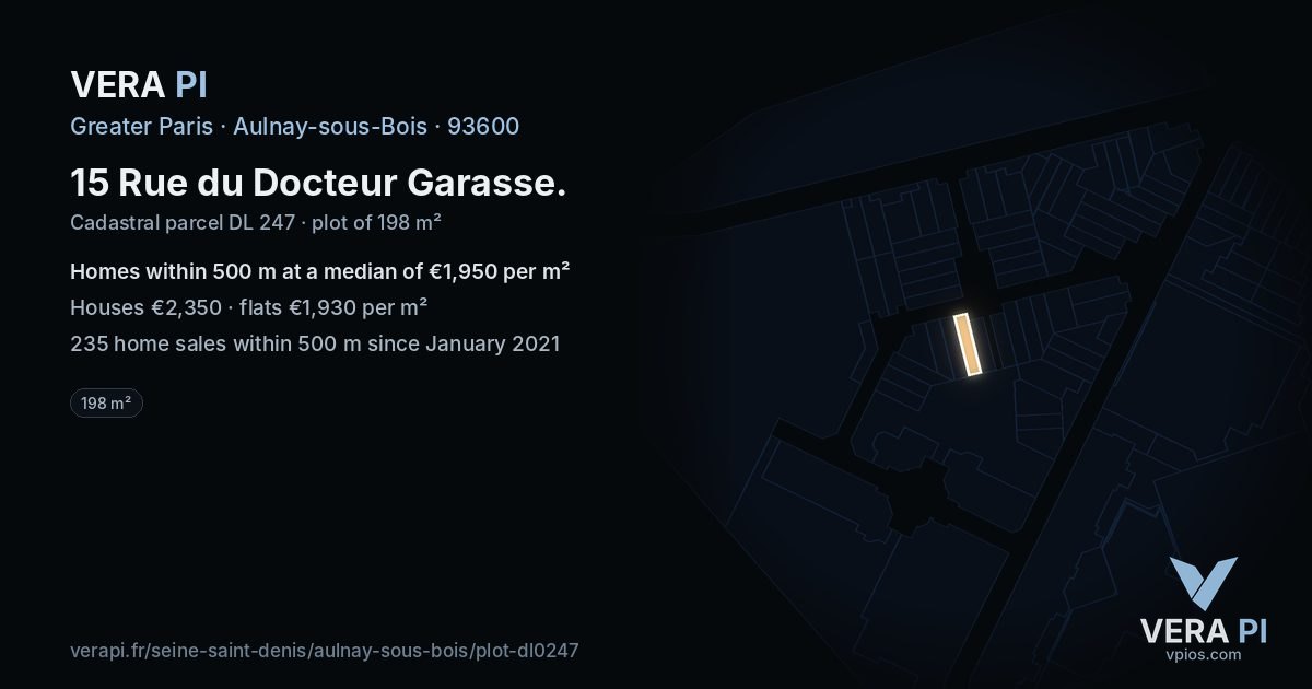 15 Rue du Docteur Garasse, Aulnay-sous-Bois at night – the plot lit, the parcels around coloured by the prices near them