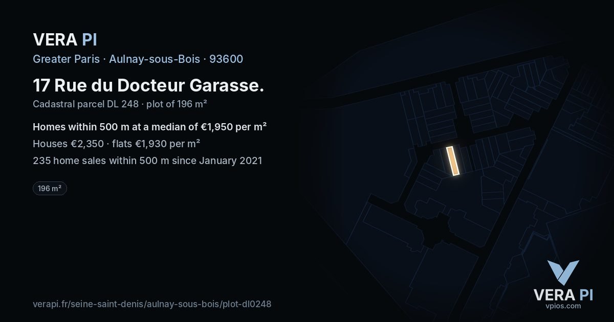 17 Rue du Docteur Garasse, Aulnay-sous-Bois at night – the plot lit, the parcels around coloured by the prices near them