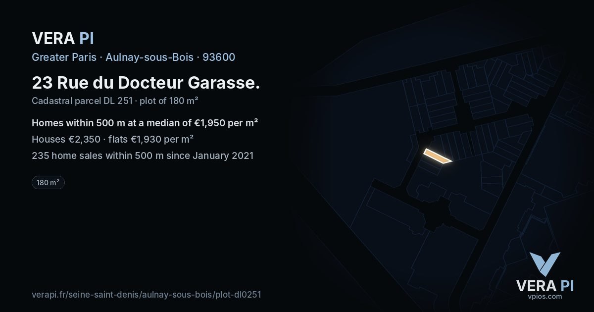 23 Rue du Docteur Garasse, Aulnay-sous-Bois at night – the plot lit, the parcels around coloured by the prices near them
