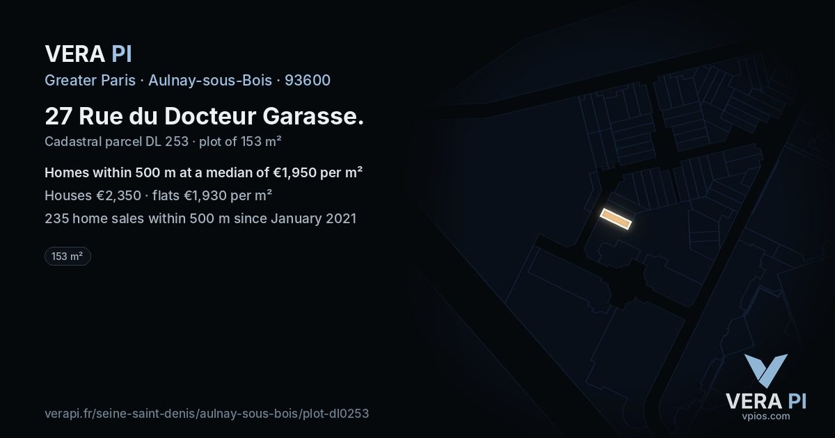 27 Rue du Docteur Garasse, Aulnay-sous-Bois at night – the plot lit, the parcels around coloured by the prices near them