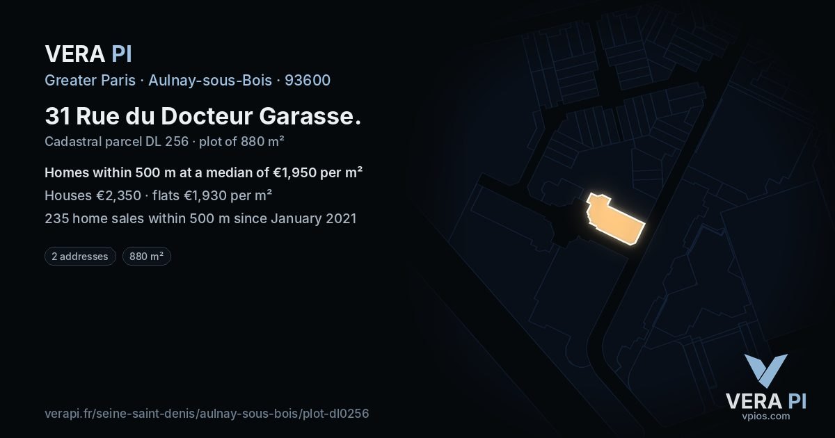 31 Rue du Docteur Garasse, Aulnay-sous-Bois at night – the plot lit, the parcels around coloured by the prices near them