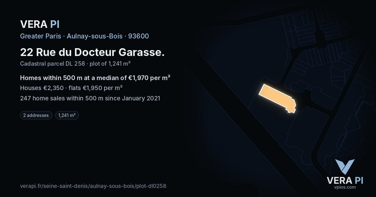 22 Rue du Docteur Garasse, Aulnay-sous-Bois at night – the plot lit, the parcels around coloured by the prices near them