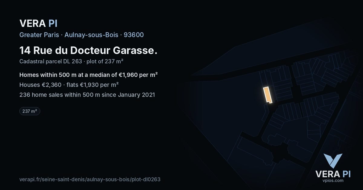 14 Rue du Docteur Garasse, Aulnay-sous-Bois at night – the plot lit, the parcels around coloured by the prices near them