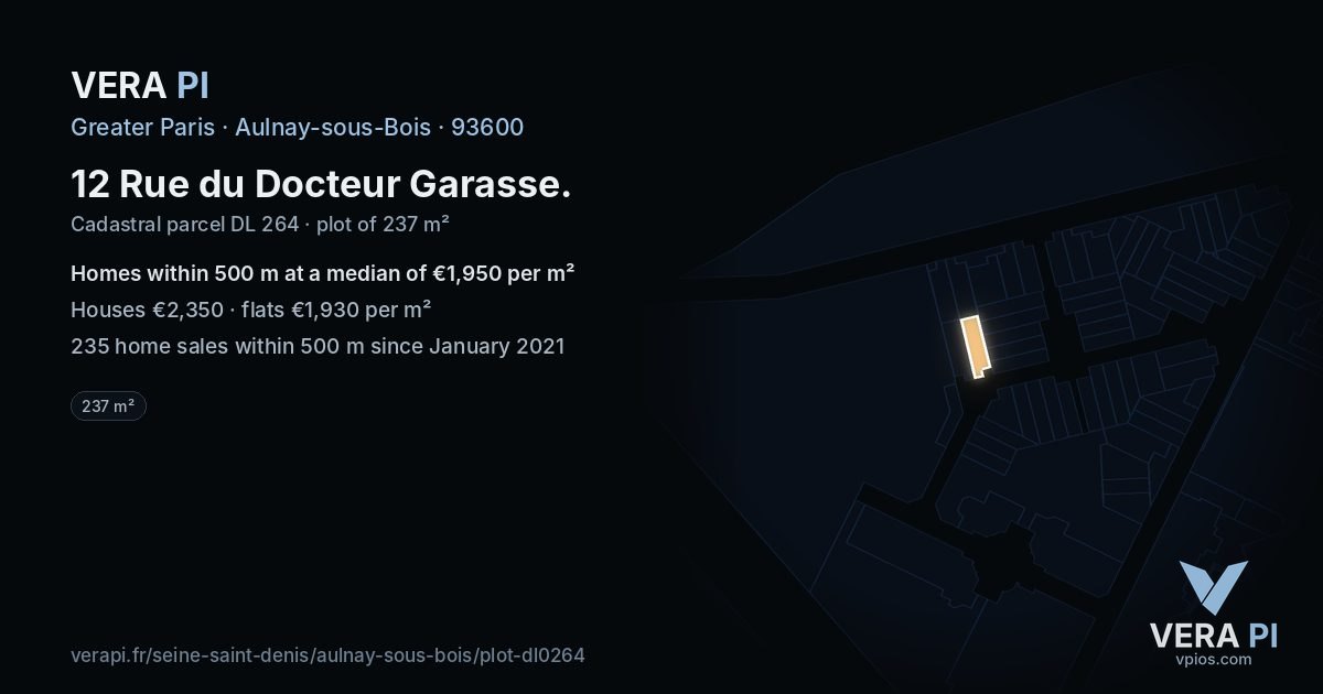 12 Rue du Docteur Garasse, Aulnay-sous-Bois at night – the plot lit, the parcels around coloured by the prices near them