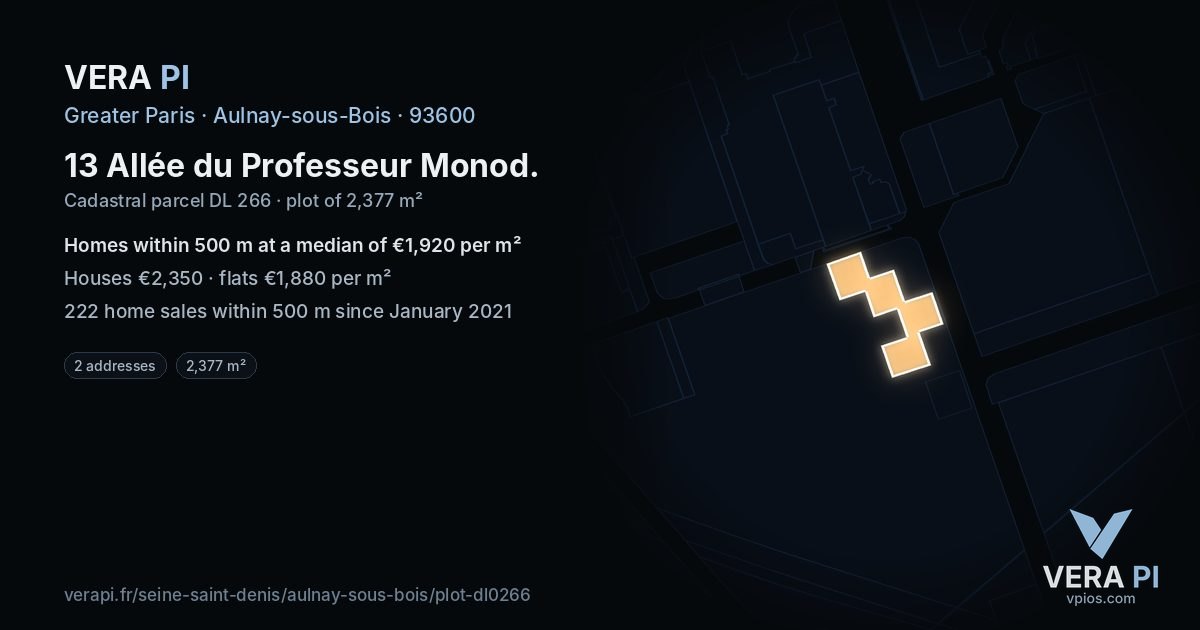 13 Allée du Professeur Monod, Aulnay-sous-Bois at night – the plot lit, the parcels around coloured by the prices near them