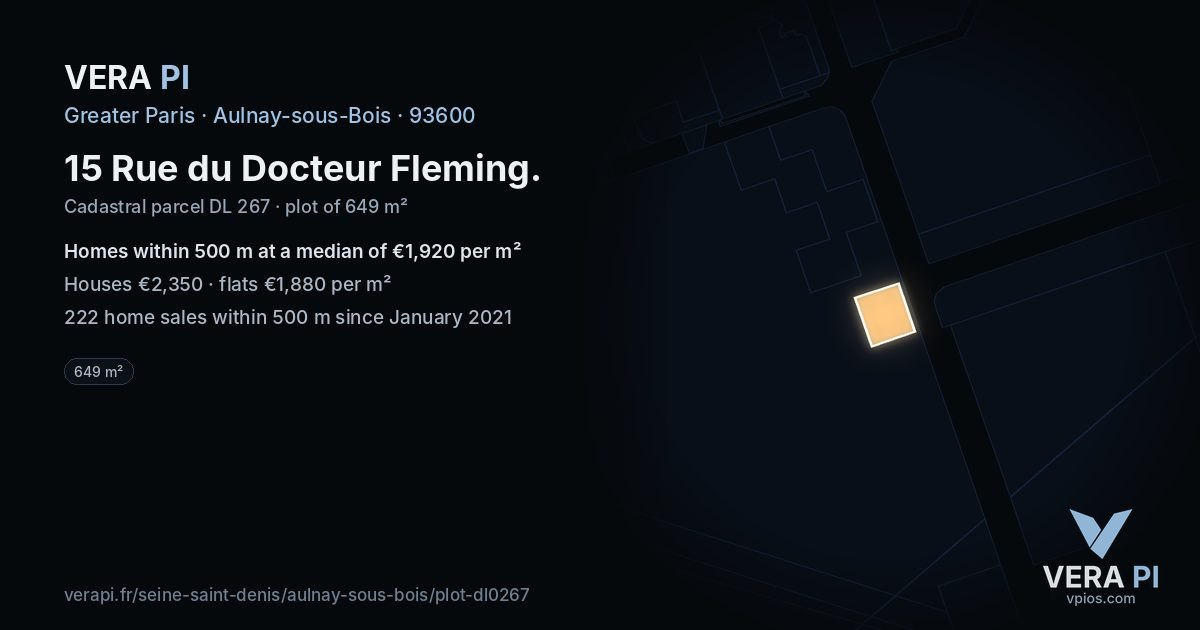 15 Rue du Docteur Fleming, Aulnay-sous-Bois at night – the plot lit, the parcels around coloured by the prices near them