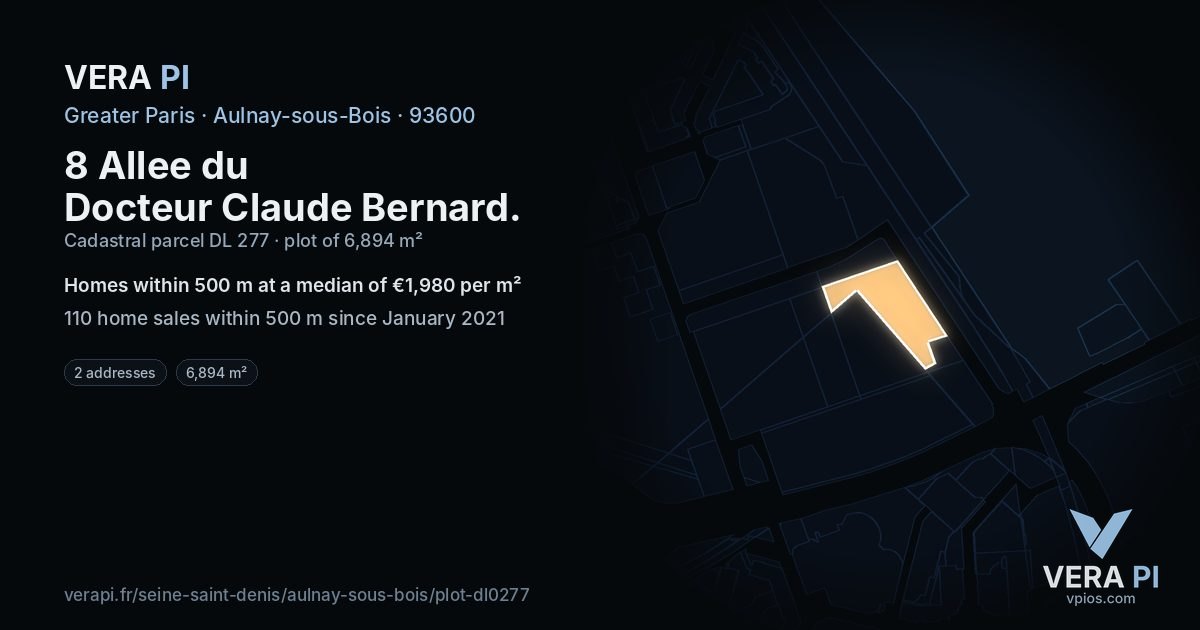 8 Allee du Docteur Claude Bernard, Aulnay-sous-Bois at night – the plot lit, the parcels around coloured by the prices near them