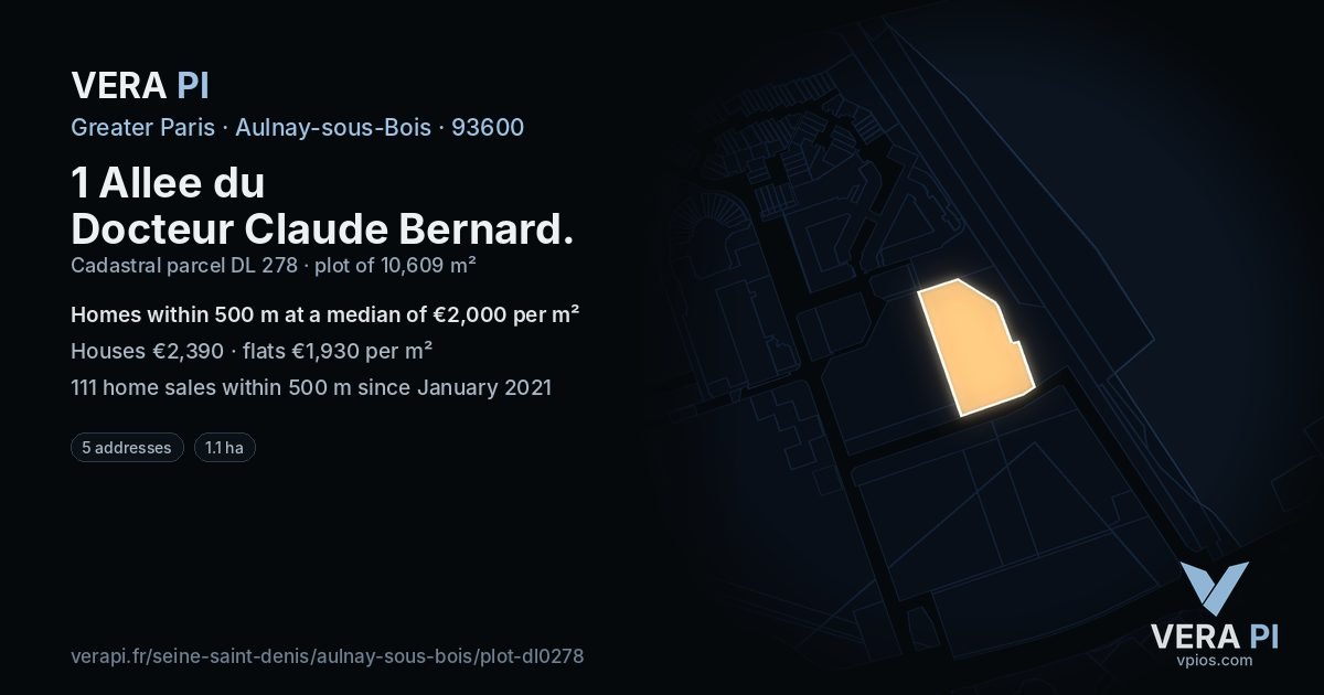 1 Allee du Docteur Claude Bernard, Aulnay-sous-Bois at night – the plot lit, the parcels around coloured by the prices near them
